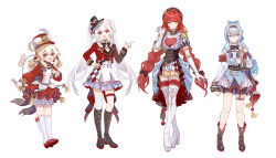  4girls absurdres achyue ahoge black_boots black_bow black_bowtie black_collar black_hat black_shorts black_sleeves blonde_hair bloomers blue_bow blue_dress blue_hair blue_streaks boots bow bow_legwear bowtie braid bronya_zaychik bronya_zaychik_(herrscher_of_truth) collar collarbone corset detached_collar detached_sleeves dress drill_hair elbow_gloves elf epaulettes frilled_collar frilled_gloves frills genshin_impact gloves green_eyes grey_hair hair_bow hand_on_own_hip hat high-low_dress high_heel_boots high_heels highres honkai:_star_rail honkai_(series) honkai_impact_3rd jacket klee_(genshin_impact) long_sleeves low_twin_braids mihoyo mini_hat multicolored_hair multicolored_jacket multiple_girls paw_pose pointy_ears puffy_short_sleeves puffy_sleeves red_eyes red_hat red_shoes red_skirt red_sleeves reference_sheet shoes short_sleeves shorts simple_background single_thighhigh skirt smile socks sparkle_(honkai:_star_rail) sparxie_(honkai:_star_rail) standing streaked_hair thigh-highs thigh_boots thigh_strap twin_braids twintails two-tone_jacket ukinami_yuzuha violet_eyes white_background white_boots white_gloves white_hair white_hat white_skirt white_sleeves white_socks white_thighhighs winding_key zenless_zone_zero 