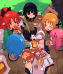  akemi_homura bag black_hair blonde_hair blue_hair bottle cup drink eating food food_on_face grass kaname_madoka kyubey kyuubee mahou_shoujo_madoka_magica miki_sayaka morinba multiple_girls obentou outdoors pastry picnic pink_hair plaid plaid_skirt ponytail red_hair redhead sakura_kyouko school_bag school_uniform sitting skirt tartan toast tomoe_mami wariza wink 