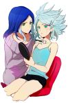  blue_hair blush cosmetics crossdressing crossdressinging green_eyes hair_ornament hairclip hinabu inazuma_eleven inazuma_eleven_(series) makeup mirror suzuno_fuusuke trap urubida white_hair 