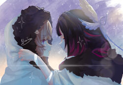  2girls anger_vein black_hair blue_eyes brown_hair closed_eyes closed_mouth coat columbina_(genshin_impact) fatui_coat from_side fur-trimmed_coat fur_trim genshin_impact hair_ornament head_wings hood kitsunetenma long_hair multicolored_hair multiple_girls multiple_wings portrait purple_hair purple_streaks ribbon sandrone_(genshin_impact) streaked_hair two-tone_hair white_coat white_wings wing_hair_ornament wings winter yuri 