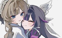  2girls 9ubrg ^_^ alternate_costume black_hair blue_eyes blush bonnet brown_hair closed_eyes closed_mouth collared_shirt columbina_(genshin_impact) dress_shirt genshin_impact hair_flaps hair_ornament hair_ribbon head_wings headdress heads_together highres leaning_forward long_hair multicolored_hair multiple_girls multiple_wings open_mouth purple_hair purple_streaks ribbon sandrone_(genshin_impact) school_uniform shirt short_hair_with_long_locks simple_background smile streaked_hair sweatdrop two-tone_hair white_background white_headdress white_shirt white_wings wing_hair_ornament wings yuri 