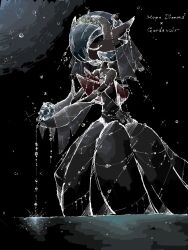  1girl alternate_color black_dress black_gloves blue_gem blue_hair bob_cut bridal_veil closed_eyes commentary_request dress elbow_gloves gardevoir gem geru_(gelusado3) gloves gold_tiara hair_over_one_eye jewelry mega_gardevoir necklace partially_colored pokemon pokemon_(creature) shiny_pokemon simple_background solo standing upper_body veil water 