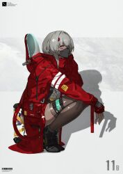  1girl ankle_boots barcode black_mask black_thighhighs boots coat commentary dark-skinned_female dark_skin english_commentary english_text flower flower._(neco) flower_imitation grey_hair hair_ornament highres hood hood_down legs_folded legs_together long_coat long_sleeves looking_ahead mask mouth_mask neco red_coat shadow short_hair short_hair_with_long_locks sidelocks simple_background solo squatting striped_sleeves thigh-highs thigh_strap tube violet_eyes white_background 