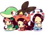  &gt;:o 3girls all_fours animal_costume black_hair chibi closed_eyes cosplay drooling elsea_de_lute_irma hair_ornament kami_nomi_zo_shiru_sekai kimoko leaf_hair_ornament long_hair multiple_girls multiple_persona open_mouth oshawott oshawott_(cosplay) pokemon pokemon_(game) pokemon_bw ponytail seashell shell simple_background sitting skull_hair_ornament sleeping snivy snivy_(cosplay) tepig tepig_(cosplay) v_arms very_long_hair violet_eyes white_background 