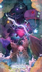  1girl abstract_background absurdres badge bag between_legs border bow buttons cable card colorful commentary curly_hair drone english_text flower full_body hair_ribbon hand_between_legs head_back heart highres house ladder lightning loafers long_hair looking_up neuro-sama night numbered on_ground outdoors ribbon sailor_collar shirt shoes sitting skirt sky solo star_(sky) star_(symbol) tarot tarot_card tears the_world_(tarot) thigh-highs train turtle twintails utility_pole vedal987 vedal_ai virtual_youtuber wariza windsketchy 