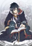  black_hair book cape feathers fringe jewelry magic_circle male open_book original pengruoxi quill reading ring smoke solo 