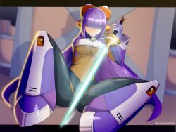  1girl absurdres android armor blunt_bangs blush breasts chest_jewel clenched_teeth commentary covered_eyes dark-skinned_female dark_skin energy_sword english_commentary full_body gloves hair_over_eyes headgear headset highres hime_cut holding holding_sword holding_weapon large_breasts layer_(mega_man) long_hair luckerabbit9 mega_man_(series) mega_man_x_(series) purple_armor purple_hair robot_ears robot_girl sitting solo sword teeth under_boob very_long_hair weapon white_gloves 