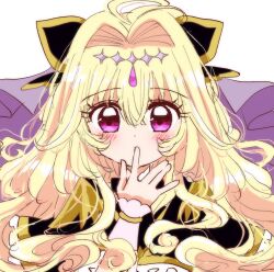  1girl antenna_hair biwako_(biwa27) black_capelet blonde_hair brooch capelet cure_arcana_shadow diamond_hairband finger_to_mouth frilled_capelet frilled_cuffs frills heart heart_brooch jewelry long_hair looking_at_viewer magical_girl meitantei_precure! moria_luluka pink_eyes precure purple_veil purple_wrist_cuffs solo veil very_long_hair wrist_cuffs 