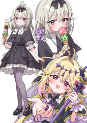  1girl antenna_hair black_capelet black_dress black_shoes blonde_hair capelet commentary_request creature cure_arcana_shadow dress eluthel fairy food frilled_dress frills full_body grey_hair grey_pantyhose highres holding holding_food holding_ice_cream holding_wand ice_cream long_hair magical_girl mashu-tan meitantei_precure! moria_luluka multiple_scoops multiple_views nail_polish open_mouth pantyhose precure purple_nails shoes short_sleeves simple_background smile violet_eyes wand white_background 