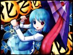  aqua_eyes aqua_hair flower heterochromia karakasa_obake lantern myco oriental_umbrella rain red_eyes short_hair solo tatara_kogasa tongue touhou umbrella 