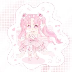  1girl :o arm_bow arm_up arm_warmers back_bow bare_shoulders bow bowtie bubble_skirt chibi chinese_commentary commentary_request double_bun dreamtime_bestowed_(infinity_nikki) dress dress_bow elan_(xinjinjumin113890656090) eyelashes footwear_bow frilled_arm_warmers frills gem gem_hair_ornament hair_bow hair_bun halftone halftone_background heart-shaped_gem highres infinity_nikki large_bow layered_dress leg_ribbon light_blush long_hair long_sidelocks neck neck_ribbon nikki_(nikki) nikki_(series) open_mouth parted_bangs pink_bow pink_dress pink_eyes pink_gem pink_hair pink_pupils pink_ribbon pink_shoes pink_theme ribbon see-through_bow shadow shoes short_dress sidelocks skirt solo standing strapless strapless_dress striped_bow surprised tareme very_long_hair waving wavy_hair white_arm_warmers white_background white_bow white_bowtie white_dress 
