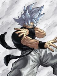  1boy baggy_pants compression_shirt dougi dragon_ball dragon_ball_super glowing glowing_eyes highres muscular muscular_male pants solo son_goku sydoria toned ultra_instinct white_eyes white_hair wristband 
