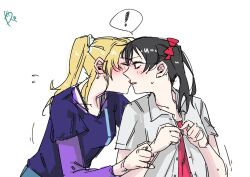 2girls ayase_eli black_hair blonde_hair blue_shirt blush bow buttoning closed_eyes commentary dress_shirt hair_bow highres imminent_kiss layered_sleeves long_hair long_sleeves love_live! love_live!_school_idol_project multiple_girls open_mouth otonokizaka_school_uniform pink_shirt ponytail purple_shirt red_bow school_uniform shirt short_over_long_sleeves short_sleeves signature simple_background surfacedxxc sweatdrop twintails white_background white_shirt yazawa_nico yuri 