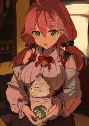  1girl absurdres ahoge blush carternanmen collared_shirt commentary cream cream_on_face cup disposable_cup food food_on_face green_eyes highres holding holding_cup hololive looking_at_viewer low_twintails medium_hair official_alternate_costume pink_hair sakura_miko sakura_miko_(casual) shirt solo starbucks twintails virtual_youtuber white_shirt 