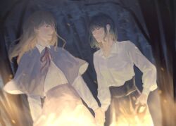  2girls alternate_costume black_hair black_skirt blonde_hair blunt_bangs bob_cut burning capelet collared_shirt dutch_angle embers fire forest han_sooyoung highres holding_hands looking_at_another multiple_girls nature neck_ribbon omniscient_reader's_viewpoint ribbon shirt shirt_tucked_in short_hair skirt uglycumi white_shirt yoo_sangah 