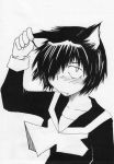  cat_ears ear_grab embarrassed fang foxhound1412 hair_over_one_eye monochrome nazo_no_kanojo_x nib_pen_(medium) school_uniform serafuku short_hair sketch solo traditional_media urabe_mikoto 