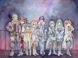  4boys 4girls aaron_wei agnes_claudel apron beard beret bergard_zeman blue_eyes boots coat commentary_request curtained_hair double-parted_bangs eiyuu_densetsu eyepatch facial_hair feri_al-fayed full_beard garter_straps gloves green_eyes hair_between_eyes hat headband high_heels jacket judith_lanster kai_no_kiseki kuro_no_kiseki_(series) long_hair maid_apron maid_headdress meskymeee multiple_boys multiple_girls necktie night outdoors pants parted_bangs ponytail quatre_salision red_hat risette_twinings scarf shoes short_hair shorts sidelocks skirt sky standing star_(sky) star_(symbol) starry_sky thigh-highs van_arkride violet_eyes yellow_eyes yellow_headband yellow_scarf 