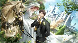  1boy 1girl black_jacket black_pants blue_sky bridal_veil brown_hair clouds curtained_hair day dress elbow_gloves flower game_cg gloves grey_vest highres horse jacket jewelry leaf light_and_night_love lu_chen non-web_source official_art outdoors pants pink_hair protagonist_(light_and_night_love) red_eyes riding shirt sky tree veil vest wedding_dress white_dress white_flower white_gloves white_shirt 
