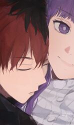  1boy 1girl absurdres black_hair black_shirt close-up closed_eyes dress english_commentary fern_(sousou_no_frieren) hetero highres kumah_dessu light_smile purple_hair red_hair shirt sousou_no_frieren stark_(sousou_no_frieren) violet_eyes white_dress 