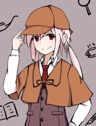  1boy absurdres ansel_(arknights) arknights book capelet commentary_request deerstalker detective hat hat_tip highres long_hair magnifying_glass male_focus necktie pen phb2000325 pink_hair red_eyes smile solo twintails 