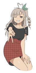  1girl ahoge black_shirt brown_eyes commentary_request drill_hair feet_out_of_frame grey_eyes grin gyaru_v heart heart_ahoge houndstooth kantai_collection kashi_(kancolle) mole mole_under_eye one_eye_closed one_side_up red_skirt shirt side_drill sitting skirt smile solo tamu_(mad_works) v 