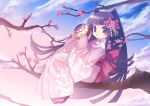  blue_eyes blue_hair bow cherry_blossoms cloud clouds copyright_request flower hair_bow hime_cut in_tree japanese_clothes kimono mitake_eiru sandals sitting sitting_in_tree sky solo tree 