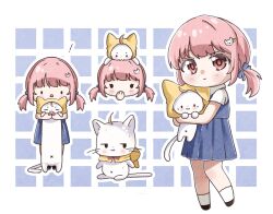 ! 1girl :3 :o ahoge animal animal_on_head ankle_socks bare_arms black_shoes blue_background blue_bow blue_dress blush_stickers border bow bowtie brown_eyes brown_pupils cat cat_hair_ornament cat_on_head child closed_mouth clothed_animal collared_shirt colored_eyelashes covering_own_mouth dot_nose dress ear_covers grid_background hair_bow hair_ornament hairclip happy head_only highres holding holding_animal holding_cat hood hood_down hood_up light_blush longcat_(meme) low_twintails medium_dress meme momo_(nikki) multiple_views nikki_(nikki) nikki_(series) nonoberry22 on_head outline outside_border pinafore_dress pink_hair pleated_dress red_bow red_bowtie shining_nikki shirt shirt_under_dress shoes short_hair short_sleeves short_twintails sitting sleeveless sleeveless_dress smile socks solid_oval_eyes surprised tareme traditional_bowtie twintails whiskers white_border white_cat white_outline white_shirt white_socks yellow_cloak young_nikki_(shining_nikki) 