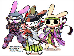  1girl 2boys animal_crossing arrow_(projectile) black_scarf coco_(animal_crossing) commentary_request egasumi floating_clothes furry furry_female furry_male genji_(animal_crossing) green_hakama green_headband hakama hakama_pants hat headband highres holding holding_ofuda hollow_eyes hood hood_up interlocked_fingers japanese_clothes jewelry kimono magatama magatama_necklace multiple_boys necklace ofuda one_eye_closed outstretched_arms pants purple_pants purple_sash quiver rabbit_boy rabbit_girl sandals sash scabbard scarf sheath sheathed short_kimono smile snake_(animal_crossing) spread_arms tate_eboshi translation_request white_background wide_sleeves x_pape zouri 