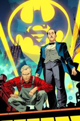  2boys alfred_pennyworth batman_(series) batman_symbol comic_cover cover cover_page dan_mora dc_comics highres jonathan_kent male_focus multiple_boys old old_man superman_(series) superman_logo 