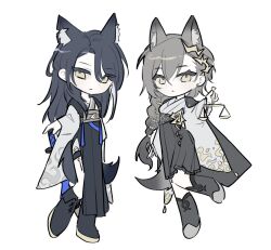  2girls animal_ears arknights black_dress black_hair braid brown_hair chibi commentary_request dress extra_ears frown hair_ornament highres holding_scale judg3m3nt_00 korean_commentary looking_at_viewer multiple_girls original penance_(arknights) simple_background tail white_background wolf_ears wolf_girl wolf_tail yellow_eyes 