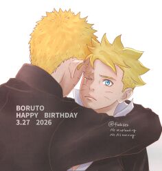  2boys black_jacket blonde_hair blue_eyes boruto:_two_blue_vortex boruto_(series) commentary_request dated eyebrow_piercing face_piercing facial_mark father_and_child father_and_son frown happy_birthday highres hug jacket male_focus matsu_(fu6ide2) multiple_boys naruto_(series) one_eye_closed parent_and_child piercing scar scar_across_eye scar_on_face twitter_username uzumaki_boruto uzumaki_naruto watermark whisker_markings white_background 