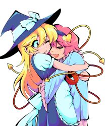  2girls absurdres blonde_hair closed_eyes hair_ornament hat headband heart heart_hair_ornament highres honkattack hug kirisame_marisa komeiji_satori multiple_girls sleeping third_eye touhou witch_hat yellow_eyes yuri 