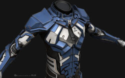  3d armor armored_bodysuit blue_armor commentary company_logo company_name concord_assembly_(eve_online) copyright_logo copyright_name dark_background dated english_commentary eve_online grey_background highres logo marmoset_toolbag_(medium) maya_(medium) no_humans official_art realistic science_fiction simple_background undoz upper_body 