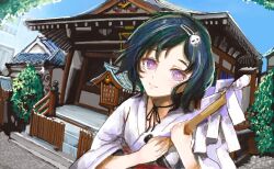  1boy black_hair black_ribbon blue_sky building bush closed_mouth commentary_request crossdressing crossdressing_(mtf) day gohei hair_ornament hairclip hands_up holding holding_gohei japanese_clothes kimono konoe_kishi looking_at_viewer male_focus miko neck_ribbon oekaki outdoors perspective ribbon scenery science_adventure shide short_hair shrine skull_hair_ornament sky solo steins;gate trap tree upper_body urushibara_luka vanishing_point violet_eyes white_kimono 