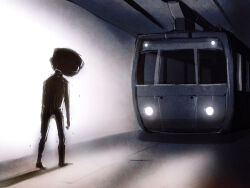  1boy burnt_(off) commentary_request elsen_(off) headlight_beam male_focus off_(game) sakuyamochi solo subway_station train walking 