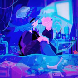  1boy ace_trappola anzu_(1014105) bathroom blue_hair blue_sweater blue_theme blurry box brushing_teeth cable chromatic_aberration commentary_request deuce_spade fate/grand_order fate_(series) faucet fiery_hair film_grain full_body grim_(twisted_wonderland) highres holographic_interface idia_shroud kimetsu_no_yaiba knees_up long_hair looking_to_the_side male_focus manga_(object) messy_room no_lineart sitting slippers solo sweater towel towel_on_head twisted_wonderland very_long_hair water yellow_eyes youtube 