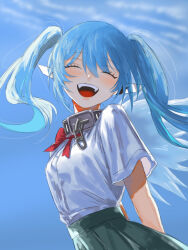  1girl :d blue_background blue_hair bow bowtie chain closed_eyes collar commentary_request fairy_wings green_skirt highres katsura_hatori long_hair metal_collar nymph_(sora_no_otoshimono) open_mouth pointy_ears red_bow red_bowtie robot_ears school_uniform shirt short_sleeves skirt smile solo sora_no_otoshimono twintails white_shirt wings 