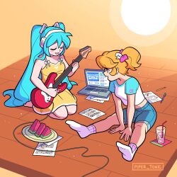  2girls aqua_hair artist_name bare_shoulders barefoot blonde_hair blush_stickers cadence_(necrodancer) carmen_piper closed_eyes computer crossover crypt_of_the_necrodancer cup denim denim_shorts dress drinking_glass drinking_straw electric_guitar guitar hair_ornament hair_tie hatsune_miku headset highres holding holding_guitar holding_instrument instrument kneeling laptop long_hair m@gical_cure!_love_shot!_(vocaloid) multiple_girls official_art on_floor open_mouth ponytail power_cord rift_of_the_necrodancer sheet_music shirt short_hair shorts sitting skull_hair_ornament sleeveless sleeveless_dress socks sunlight t-shirt twintails very_long_hair vocaloid white_socks wooden_floor yellow_dress 