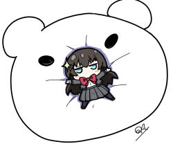  1girl absurdres black_hair black_pantyhose blue_eyes bow bowtie brown_shoes chibi chibi_only commentary grey_jacket grey_skirt highres jacket jitome kagura_hikari mr._white_(revue_starlight) oofushi_ao open_clothes open_jacket pantyhose pleated_skirt red_bow red_bowtie school_uniform seisho_music_academy_school_uniform shirt shoes shoujo_kageki_revue_starlight signature simple_background skirt solo sparkle_hair_ornament untranslatable_commentary v-shaped_eyebrows white_background white_shirt 