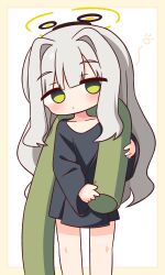  1girl absurdres black_shirt blue_archive blush border brown_border chibi closed_mouth commentary_request feet_out_of_frame green_eyes grey_hair hair_intakes halo hana_kazari hare_(blue_archive) hare_(pajamas)_(blue_archive) highres long_hair long_sleeves shirt solo standing very_long_hair white_background 