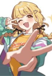  1girl amamiyayk black_ribbon blonde_hair blurry blurry_foreground braid chinese_commentary clothes_writing commentary_request double_v fang floating_hair fujita_kotone gakuen_idolmaster hair_ornament hair_over_shoulder hair_ribbon hairclip highres idolmaster jacket jacket_partially_removed long_sleeves looking_at_viewer low_twin_braids multicolored_jacket one_eye_closed open_clothes open_jacket open_mouth ribbon shirt sidelocks simple_background skin_fang sleeves_past_wrists smile solo twin_braids v white_background yellow_eyes 