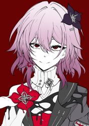  1girl black_flower black_jacket earrings evernight_(honkai:_star_rail) flat_color flower hair_flower hair_ornament half-jacket highres honkai:_star_rail honkai_(series) jacket jewelry march_7th_(honkai:_star_rail) medium_hair nabeiro_kin pink_hair red_background red_eyes shirt simple_background single_earring smile solo split_mouth upper_body white_shirt 