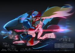  1boy armor blonde_hair blue_eyes chest_jewel commentary forehead_jewel helmet light_trail long_hair male_focus mega_man_(series) mega_man_x_(series) red_armor red_helmet riding solo to_i_to_io untranslatable_commentary zero_(mega_man) 