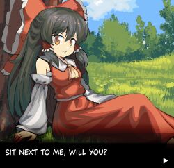  1girl black_hair bow breasts collared_dress commentary detached_sleeves dress english_commentary grass hakurei_reimu highres large_bow long_hair looking_to_the_side medium_breasts neckerchief no_nose no_pupils on_ground red_bow red_dress red_eyes sitting sky sleeveless sleeveless_dress smile solo touhou tree uni_draws user_interface video_game_dialogue_box yellow_neckerchief 