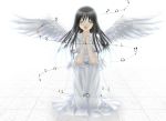  angel_wings black_hair kneeling long_hair musical_note open_mouth original robe singing solo ujou_kazuki wings 