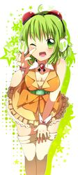  ahoge belt goggles green_eyes green_hair gumi headphones leaning_forward open_mouth short_hair skirt solo star thigh-highs thigh_highs thighhighs v vocaloid wink wrist_cuffs 