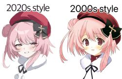  1girl 2000s_(style) black_bow black_ribbon blue_archive blush bow faux_retro_artstyle feather_hair hair_bow hair_bun half-closed_eyes highres looking_at_viewer mausoft_(uvnqx) multiple_style_parody multiple_views neck_ribbon parody pink_eyes pink_hair portrait ribbon serina_(blue_archive) serina_(christmas)_(blue_archive) single_side_bun smile style_parody 