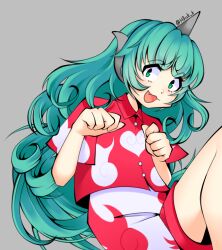  :d aqua_hair fang green_eyes grey_background highres honkattack horns kariyushi_shirt kariyushi_shorts komainu komainu_girl komano_aunn long_hair looking_at_viewer newgrounds_username red_shirt shirt single_horn smile solo touhou 