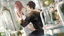  1boy 1girl black_pants black_shirt bra brown_hair cup curtained_hair drinking_glass earrings flower game_cg hetero highres holding_hands indoors jewelry light_and_night_love long_sleeves looking_at_another lu_chen mirror necklace non-web_source official_art pants pink_hair protagonist_(light_and_night_love) red_eyes reflection ribbon ring rose shirt sitting table underwear vase white_flower white_rose window 