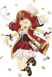  1girl arms_up artist_request binoculars blonde_hair boots bow braid brown_boots brown_corset child closed_eyes coat coin corset dress full_body game_cg gold_coin gold_trim hair_bow hair_ribbon hands_up hat highres jumping knee_boots light_blush long_hair official_alternate_costume official_art open_mouth patty_fleur patty_fleur_(pirate_queen) pirate_costume pirate_hat purple_bow purple_ribbon red_coat red_hat ribbon simple_background smile solo tales_of_(series) tales_of_asteria tales_of_vesperia teeth third-party_source transparent_background upper_teeth_only white_dress 
